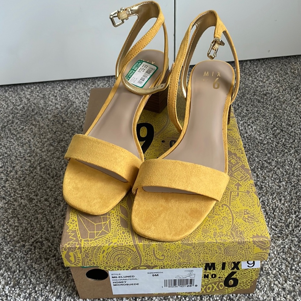 Mustard yellow suede sandals with ankle strap